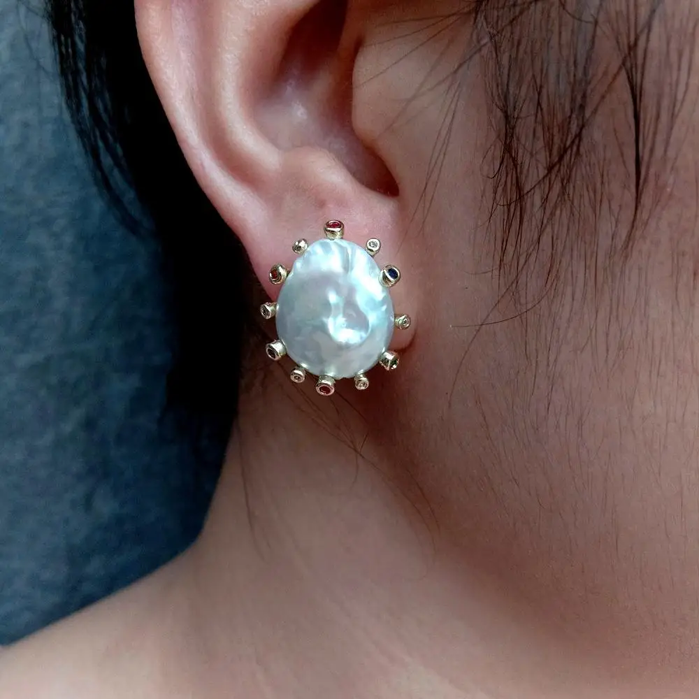Y?·YING Cultured White Keshi Pearl Stud Earrings For Women Valentines Day Jewelry