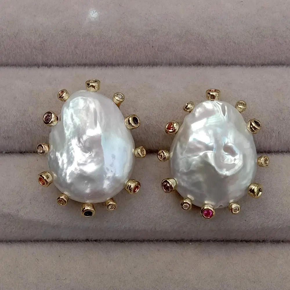 Y?·YING Cultured White Keshi Pearl Stud Earrings For Women Valentines Day Jewelry