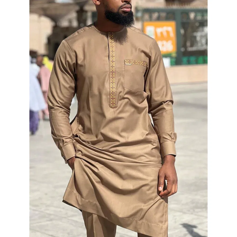 Color: army green, Size: XL - 2024 New African Traditional Men's Set Elegant and Fashionable Men's Suit Casual Embroidery Two Piece Set Men's Suit Kaftan