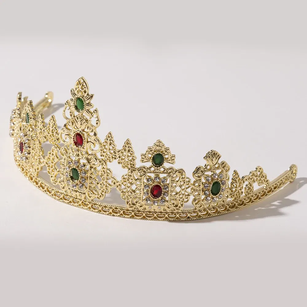 Metal color: Rhodium Plated - LUIZADA European Princess Queen Round Headdress Moroccan Bride Crystal Crown King Bride Headdress Wedding Hair Accessories