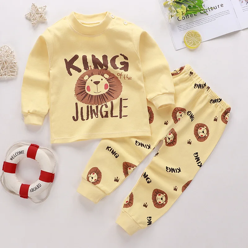 Color: Yellow, Kid Size: 4T - Cotton Boys Girls Sleepwear Suits Autumn Spring Newborn Underclothes 2pcs Kids Clothes Set Toddler Kids Pajamas