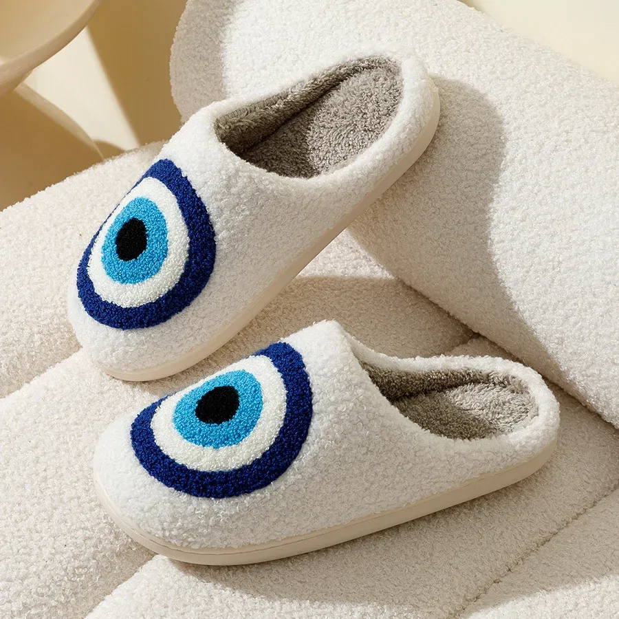 Color: WHITE, Shoe Size: 3.5 - Evil Eyes Blue Embroidery slippers High Quality Women Men Slippers Fashion Pattern Shoes Warm Home Devil's Eyes Houseshoes