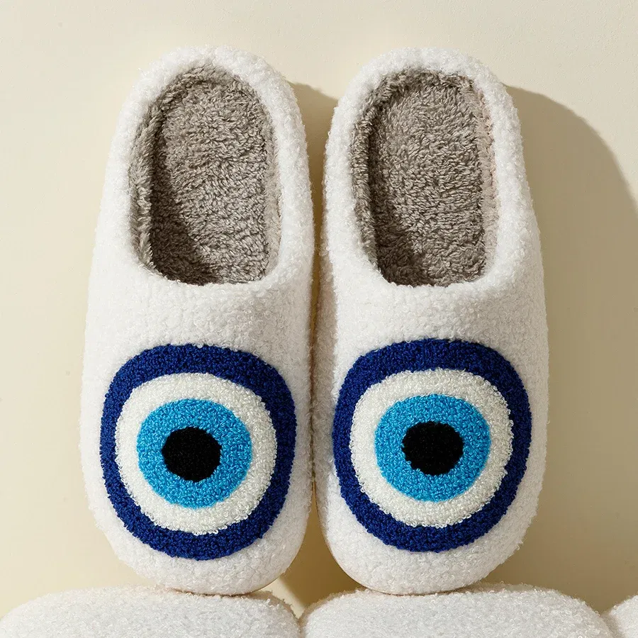 Color: WHITE, Shoe Size: 3.5 - Evil Eyes Blue Embroidery slippers High Quality Women Men Slippers Fashion Pattern Shoes Warm Home Devil's Eyes Houseshoes