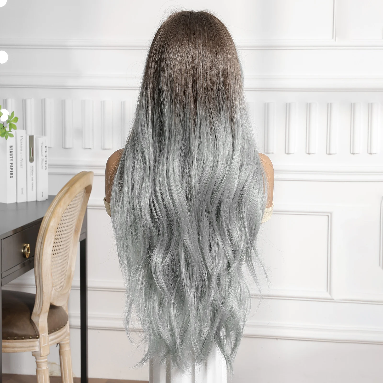 Color: #4, Bulk Buy: 1pc, Density: 150%, Ships From: CHINA - CharmSource 13x6 Lace Wig Long Wavy Brown Gray Wigs with Dark Root for Women Daily Party Cosplay Wedding High Density