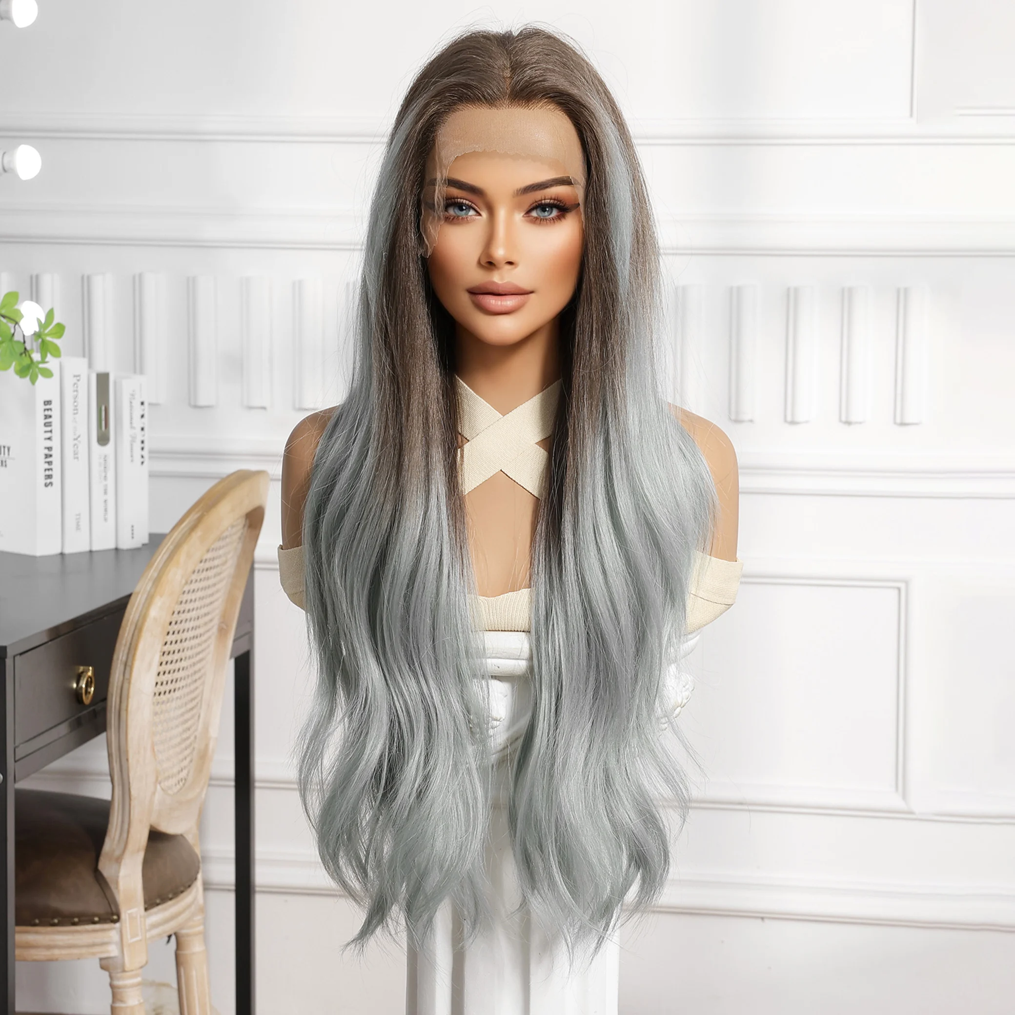 Color: #4, Bulk Buy: 1pc, Density: 150%, Ships From: CHINA - CharmSource 13x6 Lace Wig Long Wavy Brown Gray Wigs with Dark Root for Women Daily Party Cosplay Wedding High Density