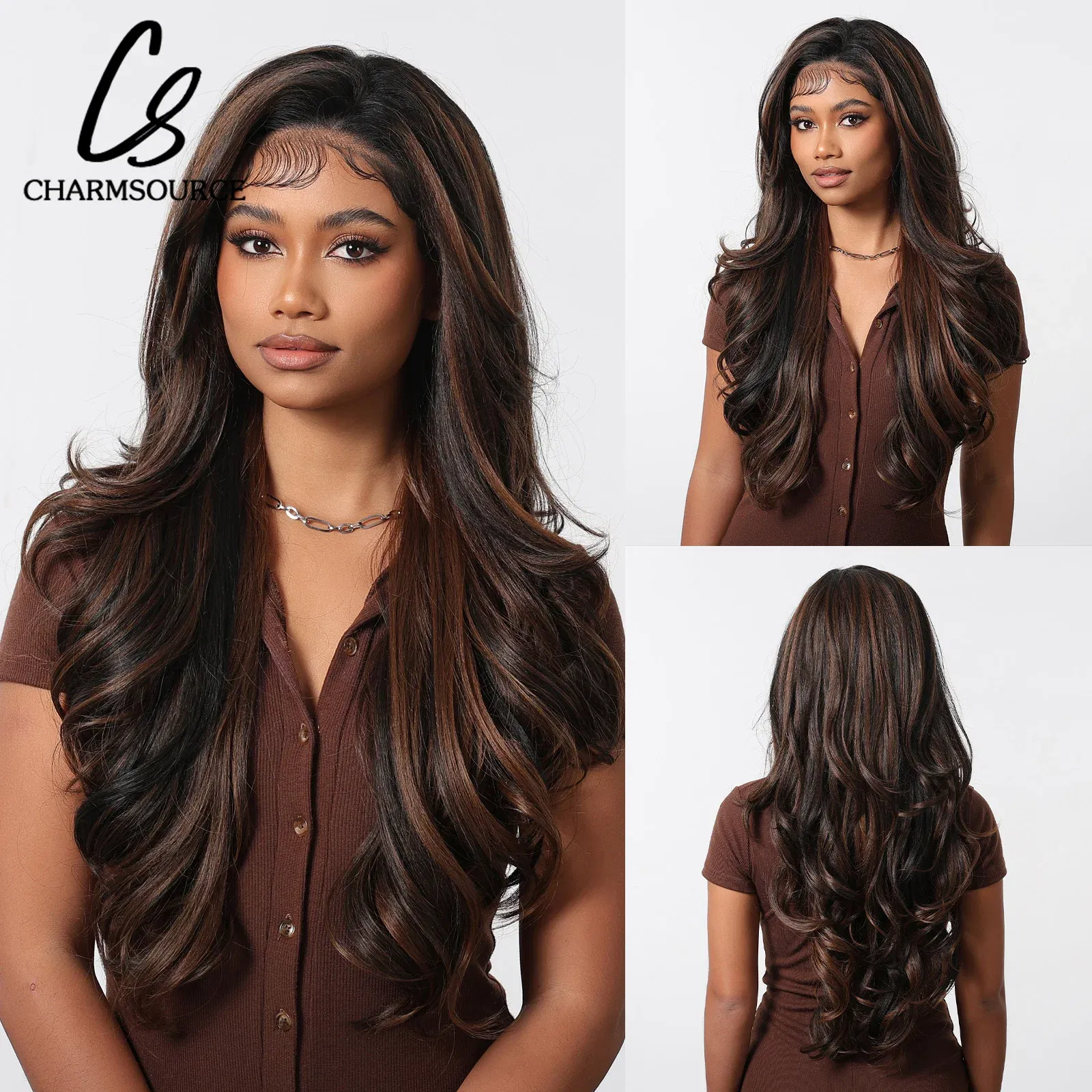 Color: #4, Bulk Buy: 1pc, Density: 150%, Ships From: CHINA - CharmSource 13x6 Lace Wig Long Wavy Brown Gray Wigs with Dark Root for Women Daily Party Cosplay Wedding High Density
