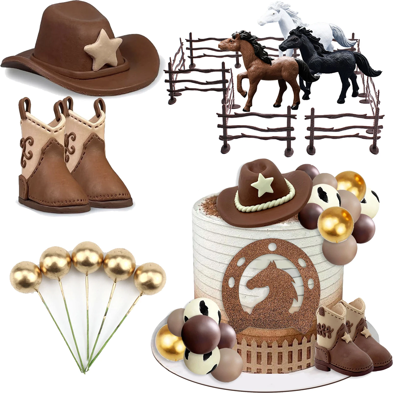 Color: DEEP BLUE - Cowboy Cake Topper Western Cowboy Hat and Boot Cupcake Toppers with Balls Western Theme Birthday Party Baby Shower Supplies