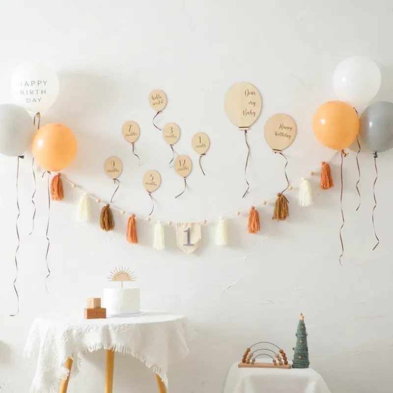 Color: plum, Ships From: CHINA - Baby Balloon Milestone Number Monthly Memorial Month Card Newborn Baby Wooden Engraved Age Photography Accessories Birthing Gift