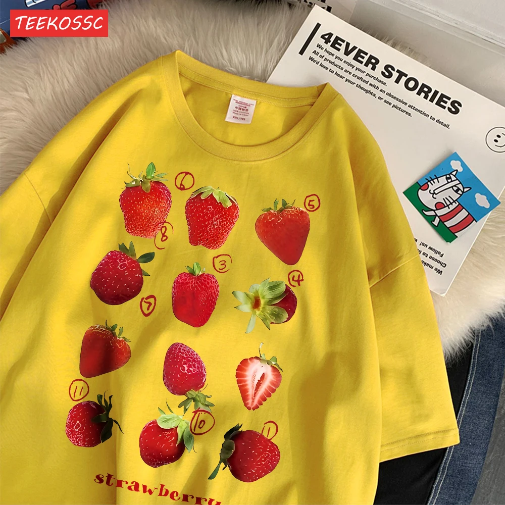 Color: Light Yellow, Size: L - 100% Cotton Women T-shirt Cute Fresh Strawberries Printed Tee Shirt Summer Comfortable Loose Tops Street Fashion Female Clothes