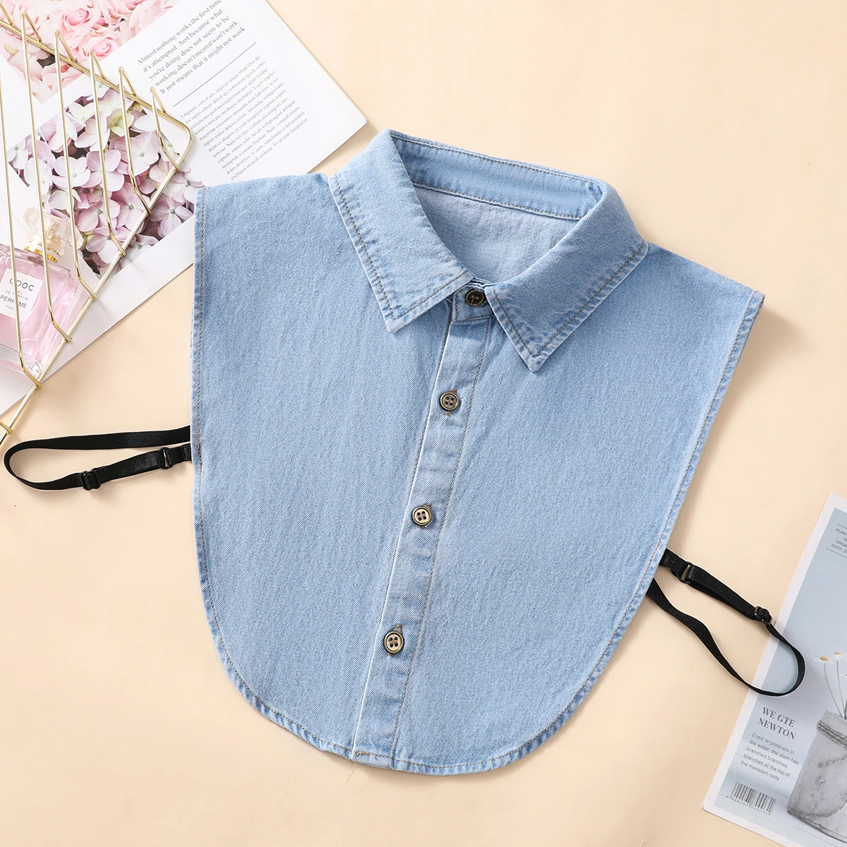 Color: Blue - Women's Blue Washed Denim Pointed Collar Fake Collar, Professional Casual Versatile Decoration Half Shirt Style Collar
