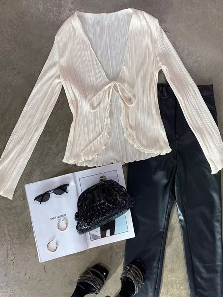 Color: Beige, Size: S - 2025 Women Pleated Plain Shirts Spring Fall Chic Long Flare Sleeve V- Neck Tie Up Cardigans Tops for Casual Party Street