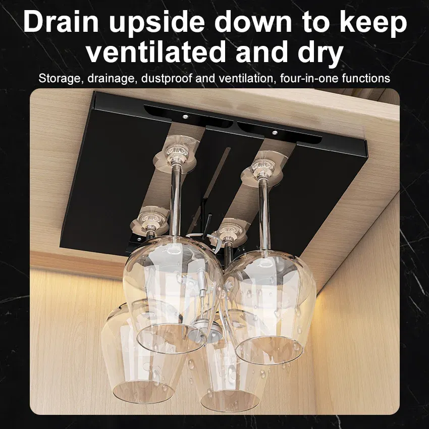 Color: light yellow - Stainless Steel Under Cabinet Wine Glass Cup Holder Space-Saving Bar Counter Shelf Storage Rack Hanging Hooks Goblet Pokal Stand