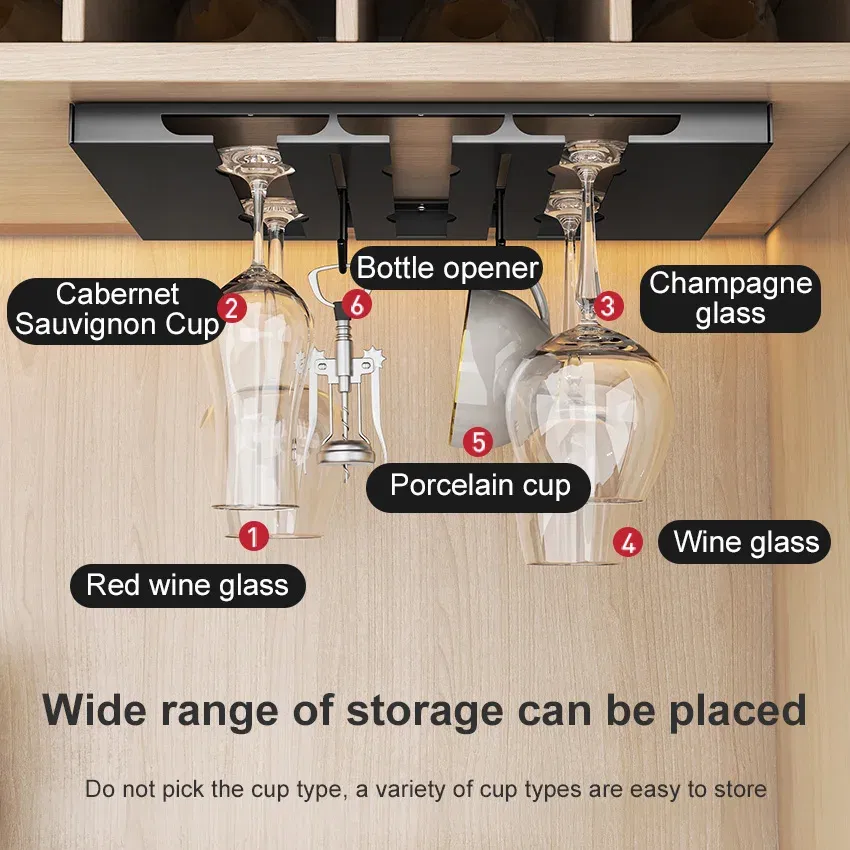 Color: light yellow - Stainless Steel Under Cabinet Wine Glass Cup Holder Space-Saving Bar Counter Shelf Storage Rack Hanging Hooks Goblet Pokal Stand