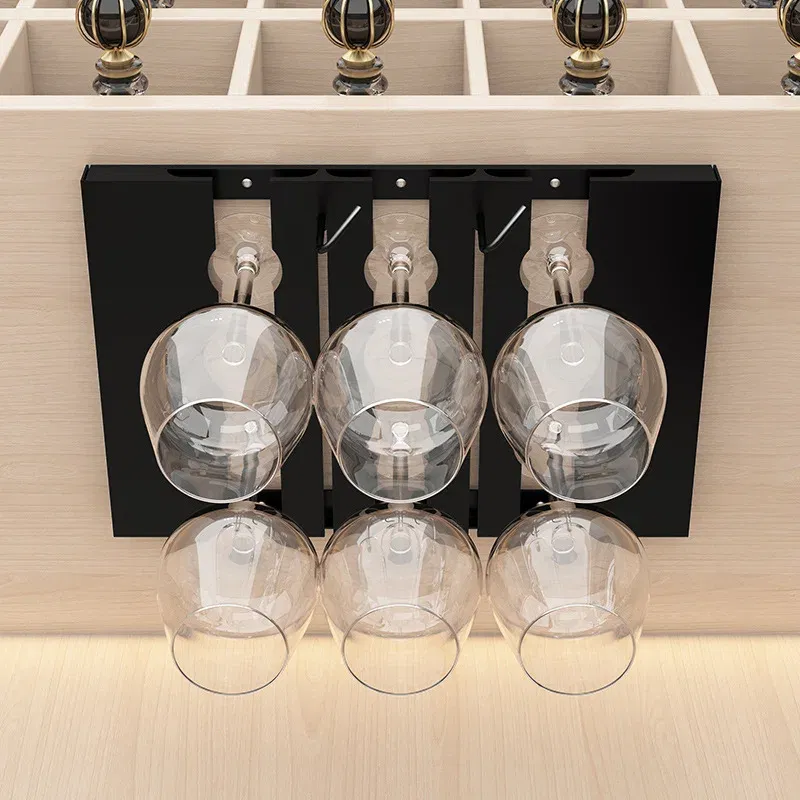 Color: light yellow - Stainless Steel Under Cabinet Wine Glass Cup Holder Space-Saving Bar Counter Shelf Storage Rack Hanging Hooks Goblet Pokal Stand