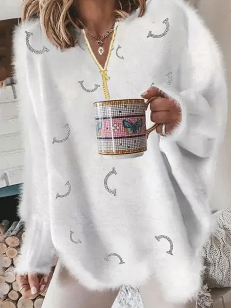 Color: WHITE, Size: S - Women's V Neck Long Sleeve Sweater Casual Loose Fit Pullover Sexy Zipper Warm Knit Printed 2024 Fashion Trend for Women