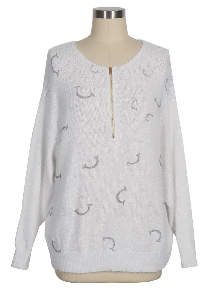 Color: WHITE, Size: S - Women's V Neck Long Sleeve Sweater Casual Loose Fit Pullover Sexy Zipper Warm Knit Printed 2024 Fashion Trend for Women