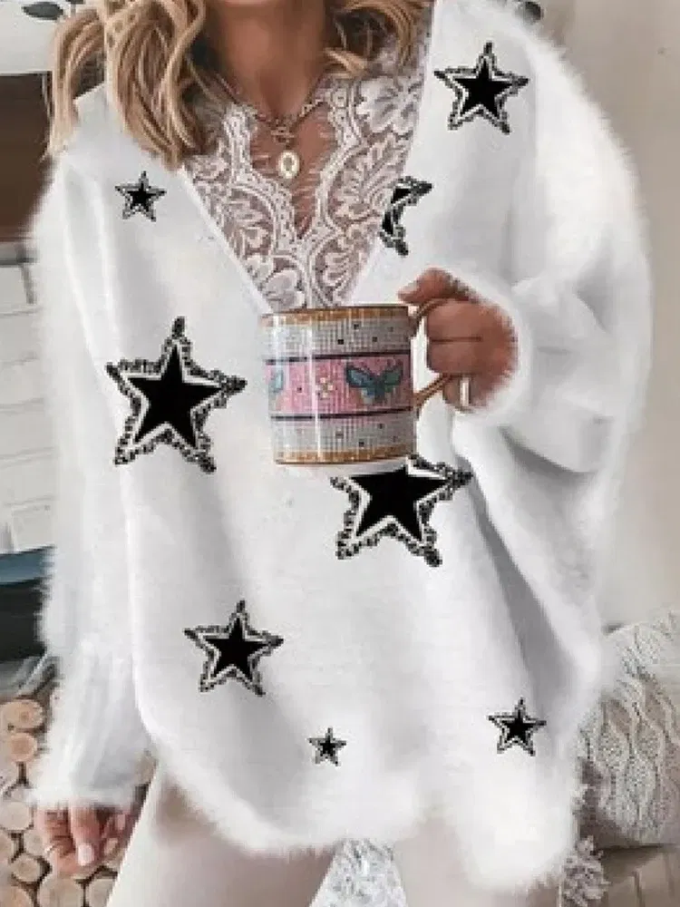 Color: WHITE, Size: S - Women's V Neck Long Sleeve Sweater Casual Loose Fit Pullover Sexy Zipper Warm Knit Printed 2024 Fashion Trend for Women