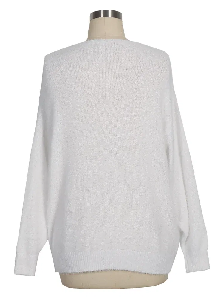 Color: WHITE, Size: S - Women's V Neck Long Sleeve Sweater Casual Loose Fit Pullover Sexy Zipper Warm Knit Printed 2024 Fashion Trend for Women