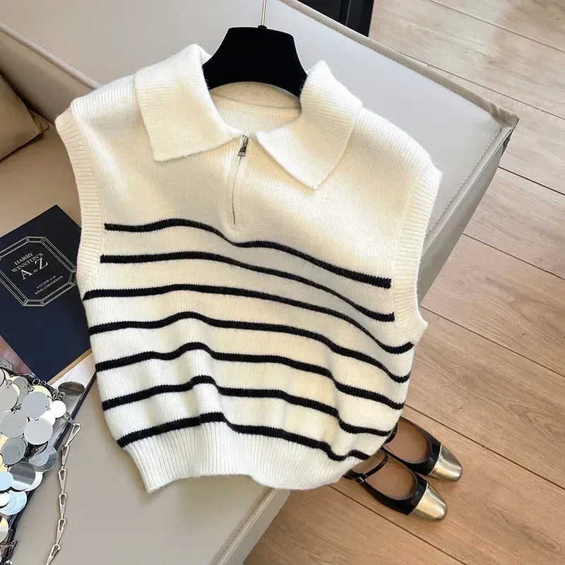 Color: WHITE, Size: One Size - Retro lapel zipper stripe knitted waistcoat women Autumn Winter Korean fashion sleeveless sweaters casual simple pullover vest
