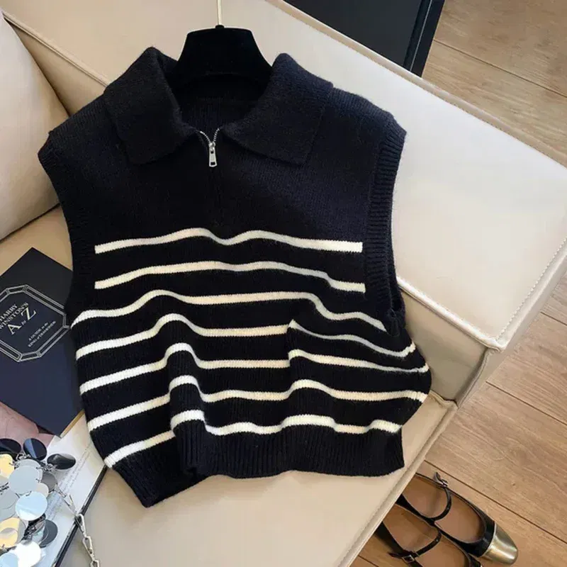 Color: WHITE, Size: One Size - Retro lapel zipper stripe knitted waistcoat women Autumn Winter Korean fashion sleeveless sweaters casual simple pullover vest