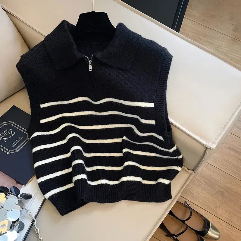 Color: WHITE, Size: One Size - Retro lapel zipper stripe knitted waistcoat women Autumn Winter Korean fashion sleeveless sweaters casual simple pullover vest