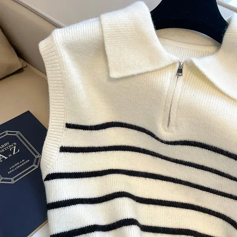 Color: WHITE, Size: One Size - Retro lapel zipper stripe knitted waistcoat women Autumn Winter Korean fashion sleeveless sweaters casual simple pullover vest