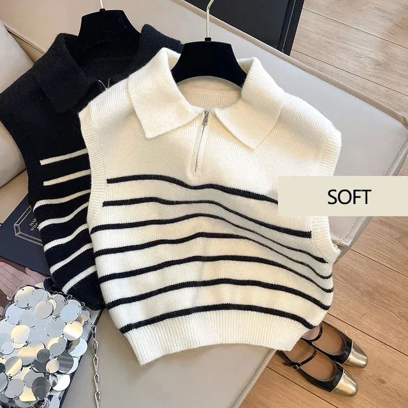 Color: WHITE, Size: One Size - Retro lapel zipper stripe knitted waistcoat women Autumn Winter Korean fashion sleeveless sweaters casual simple pullover vest