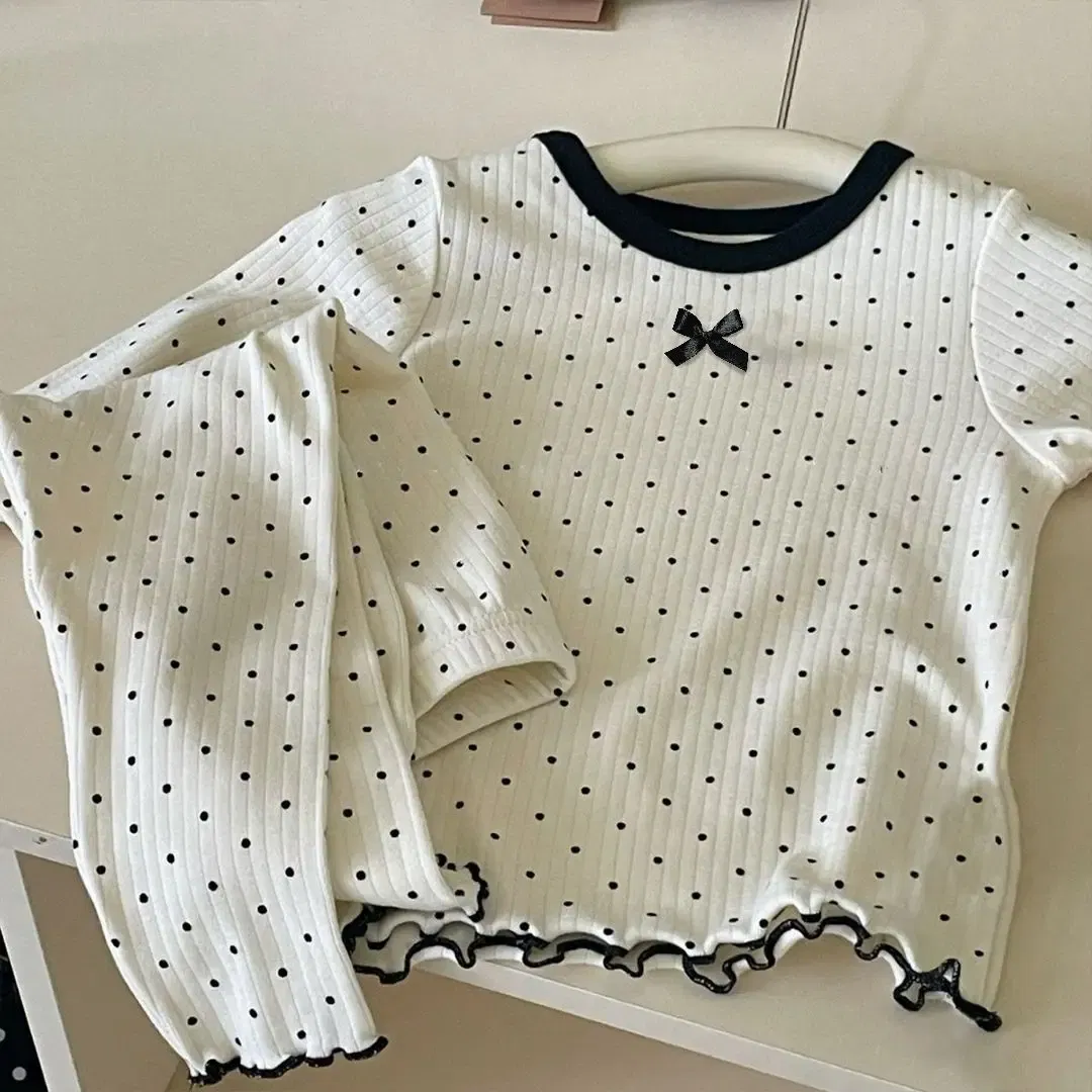 Color: Beige, Kid Size: 3T - Korean Girls' Loungewear Set - Dot Bow Pajamas & Soft Cotton Homewear | Fall Toddler Outfit Toddler Girl Clothes