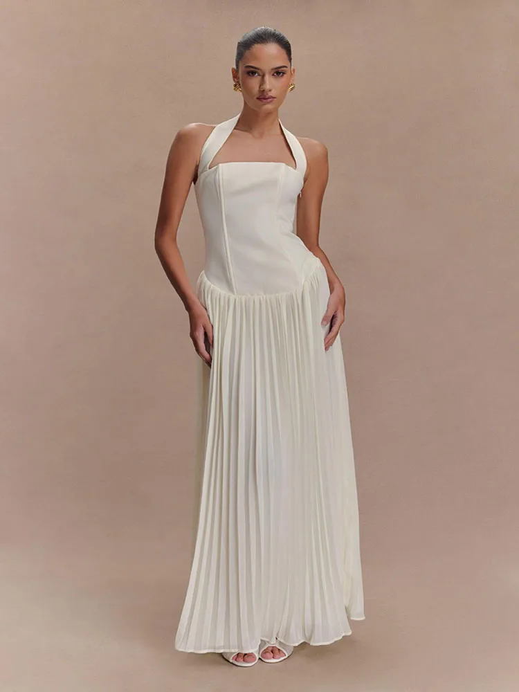 Color: WHITE, Size: M, Ships From: CHINA - 2025 Summer Women Off Shoulder Backless Maxi Dress Sexy Halter Neck Slim Waist Ruffle Hem Long Dress
