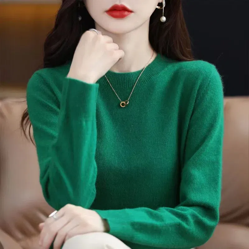 Color: green, Size: L - Women Slim O-Neck Solid Pullover Cashmere Wool Blending Sweater Autumn And Winter Long-Sleeved Knit Bottoming Shirt Large Size