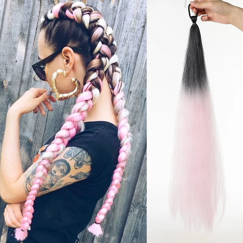 Color: P4/24, Stretched Length: 26inches - LUPU Synthetic Ponytail Extension with Elastic Tie Hair Band 26" Long Straight Colored Braiding Ponytail Ombre Pink Purple Blue