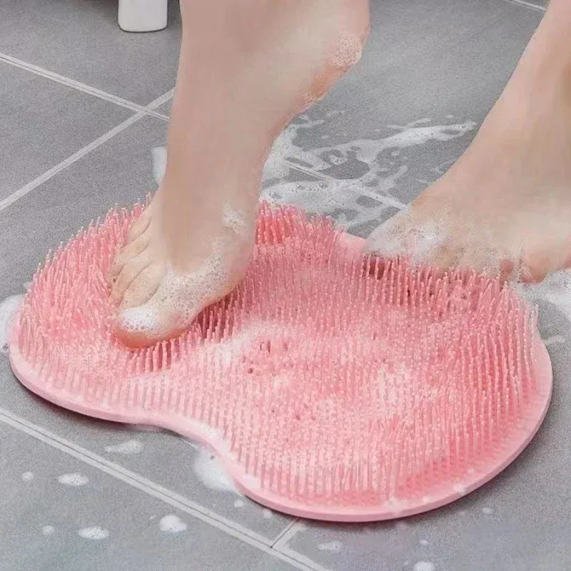 Color: Yellow - Non-slip Shower Mat Silicone Massage Wash Foot Pad Bath Massage Brush Pad Bathroom Rub Back Brush with Sucker Cleaning Tools