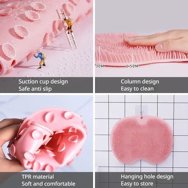 Color: Yellow - Non-slip Shower Mat Silicone Massage Wash Foot Pad Bath Massage Brush Pad Bathroom Rub Back Brush with Sucker Cleaning Tools
