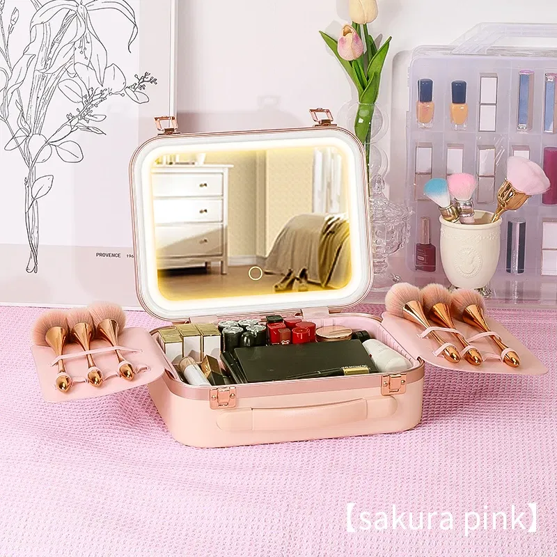 Color: Pink - Women Skin Care Travel Storage Box Fashion Portable Makeup Bags Large Capacity Cosmetic Case with LED Mirror