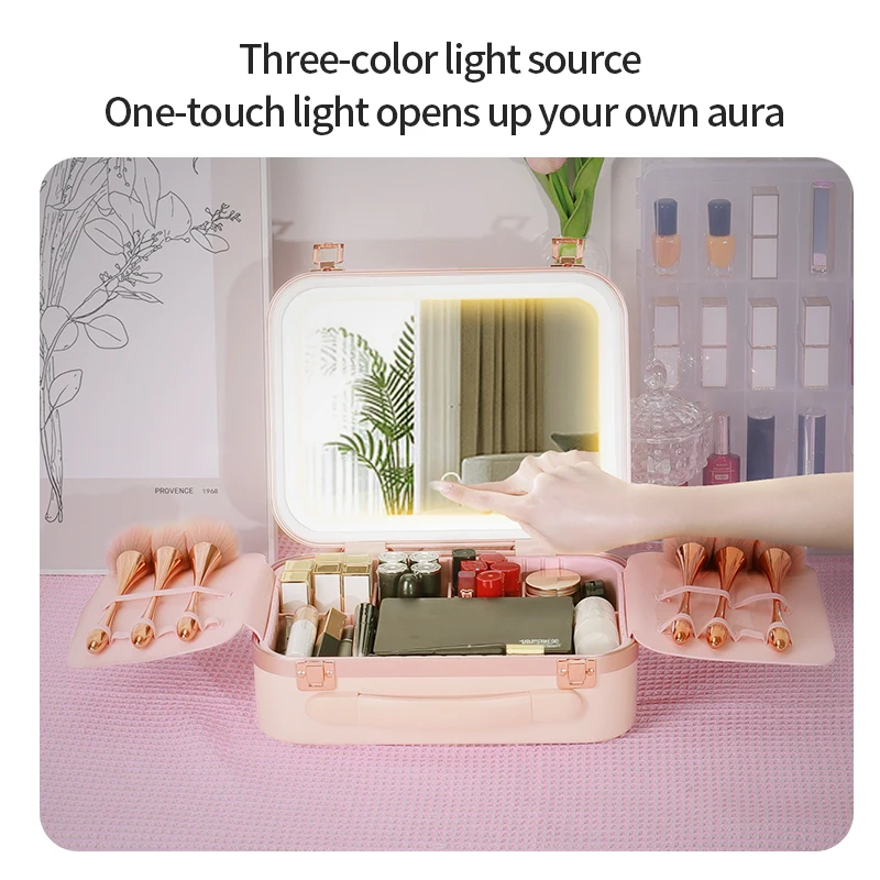 Color: Pink - Women Skin Care Travel Storage Box Fashion Portable Makeup Bags Large Capacity Cosmetic Case with LED Mirror