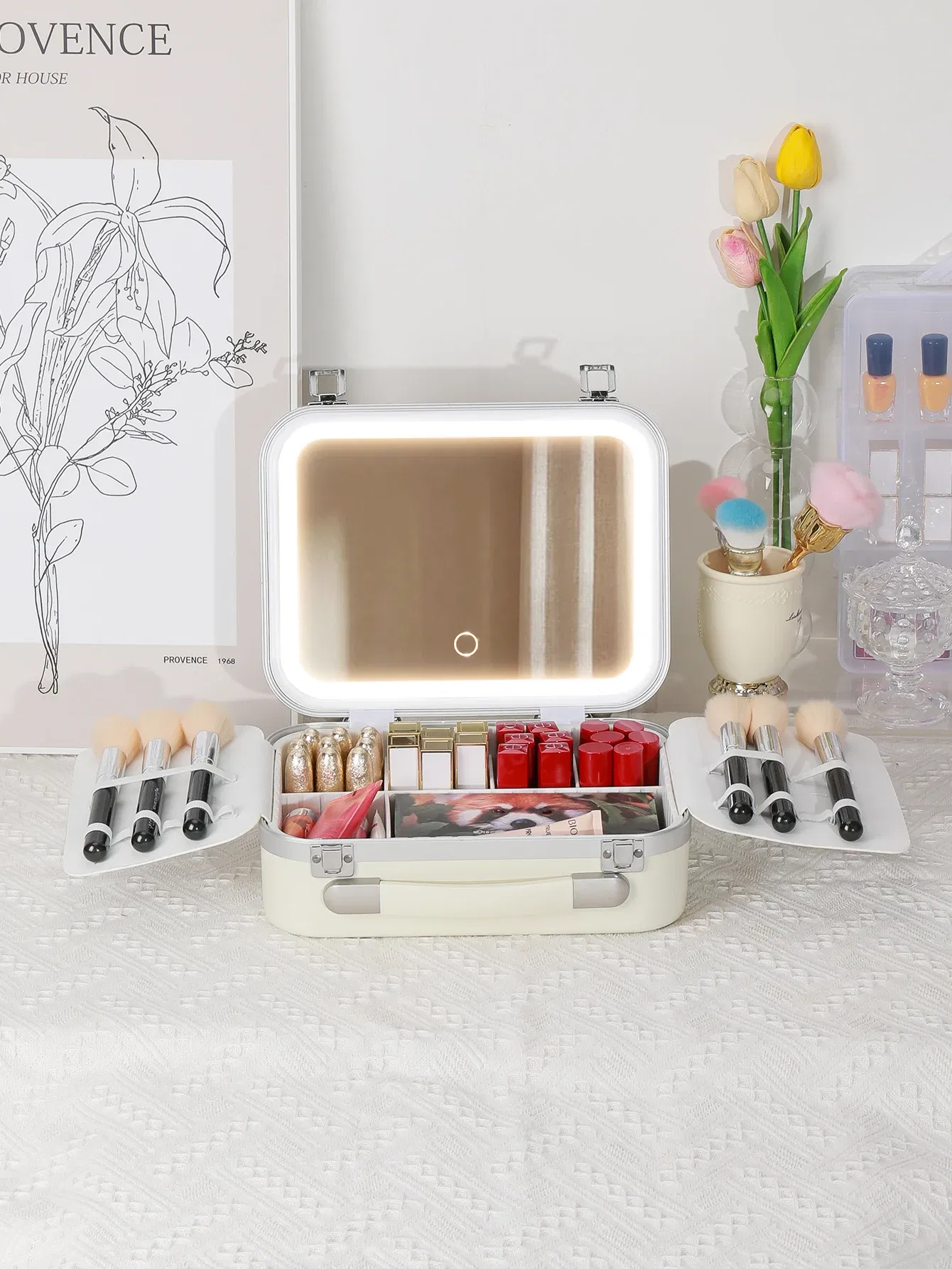 Color: Pink - Women Skin Care Travel Storage Box Fashion Portable Makeup Bags Large Capacity Cosmetic Case with LED Mirror