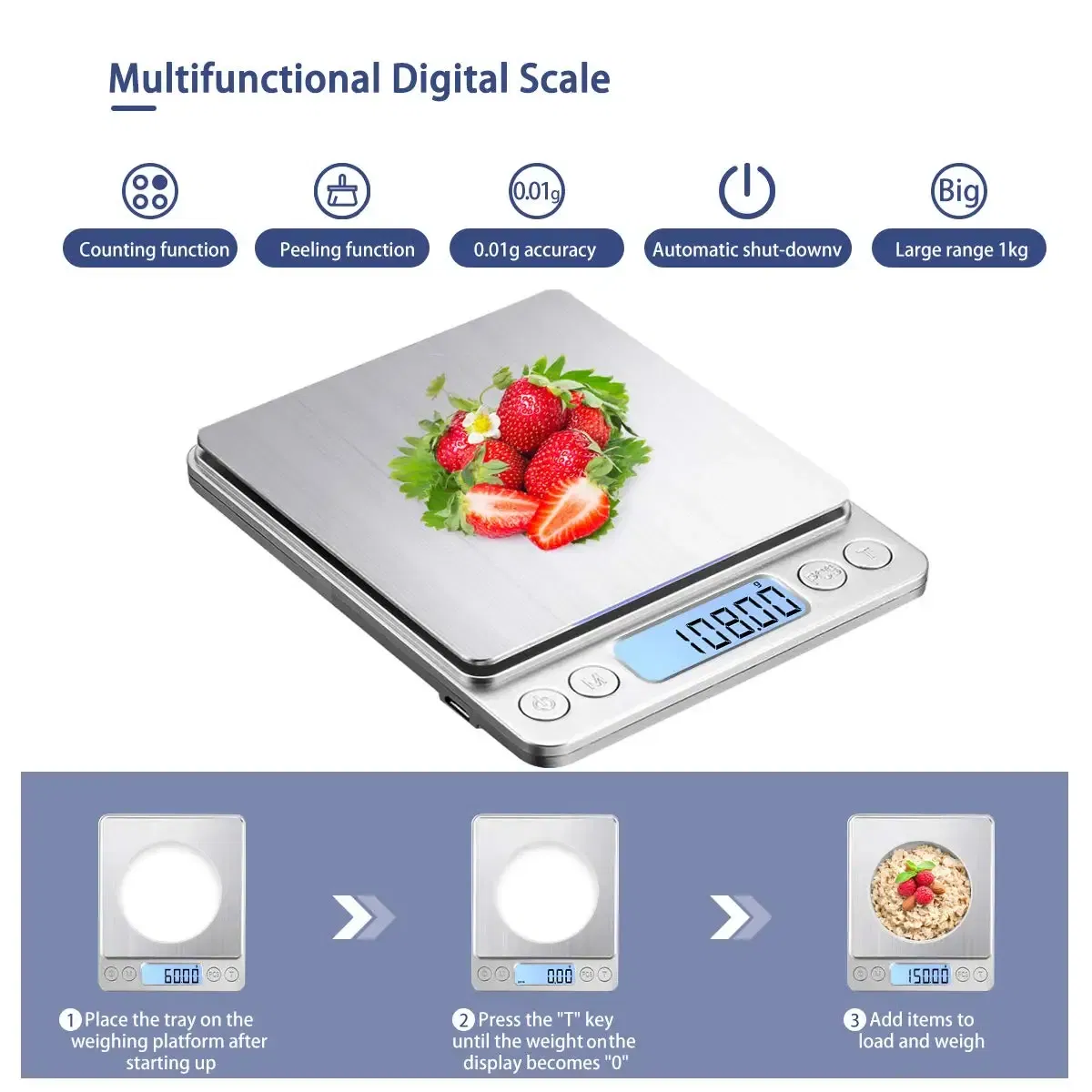 Color: WHITE - Digital Kitchen Scale 3000g/ 0.1g USB Charging with 2 Trays Home Mini Jewelry Pocket Scale with LCD Display Digital Food Scales