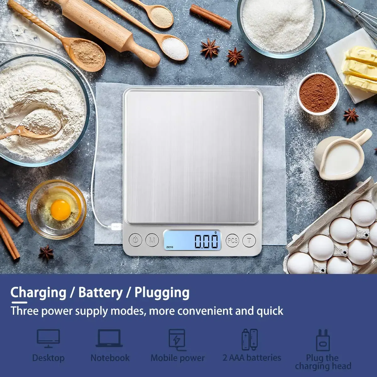Color: WHITE - Digital Kitchen Scale 3000g/ 0.1g USB Charging with 2 Trays Home Mini Jewelry Pocket Scale with LCD Display Digital Food Scales