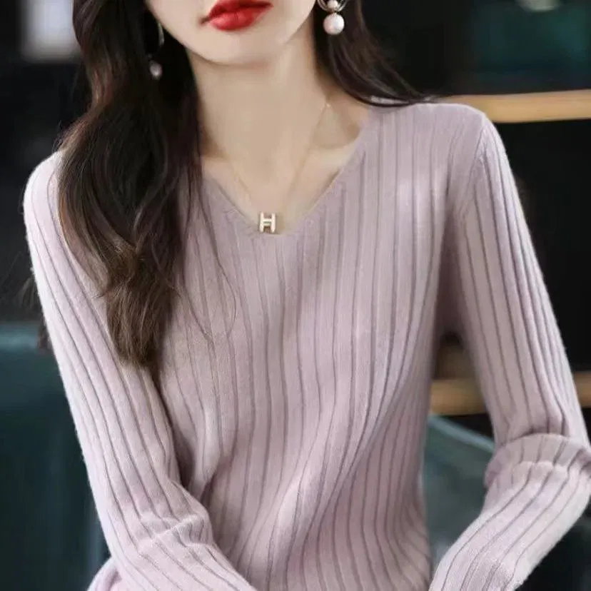 Color: green, Size: XXL - Women Sweater Long Sleeve Top Knitted Pullover V-Neck Fashion Sweater Woman Winter Basic Female Clothing Soild OL Sweater DF4933