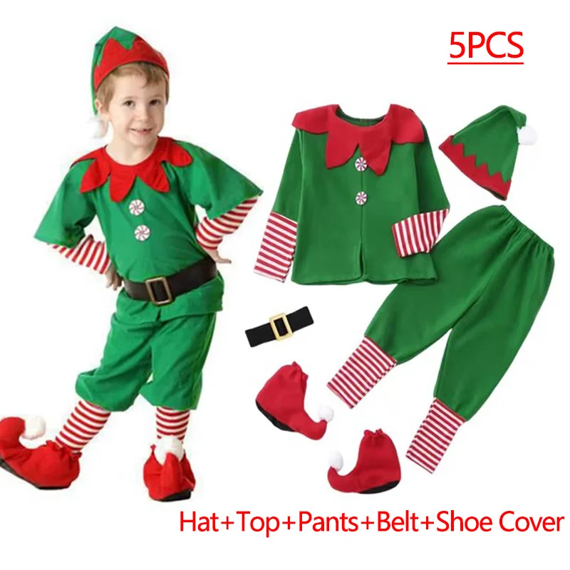 Color: Beige, Kid Size: 5 - New Year Kids Santa Claus Costume Green Elf Cosplay Christmas Carnival Party Fancy Dress for Girls Boys Red Xmas Clothes Set