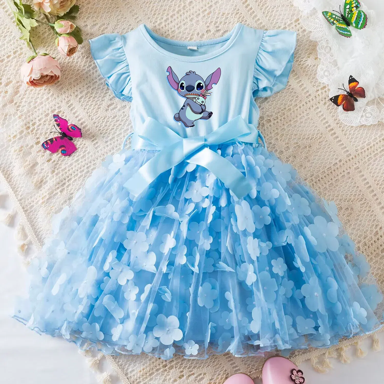 Color: Lavender, Size: M - 3D Butterfly Cute Lilo Stitch Summer Dress for Kid's Casual Clothes Baby Girls Beautiful Princess Dress Party Dresses 2-6 Yrs