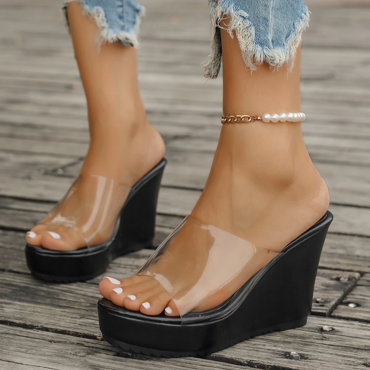 Color: black, Shoe Size: 36 - 2024 Women Sandals New Casual Heels Woman Transparent Platform Wedges Non-slip Shoes Ladies Summer High Heel Large Size 35~43