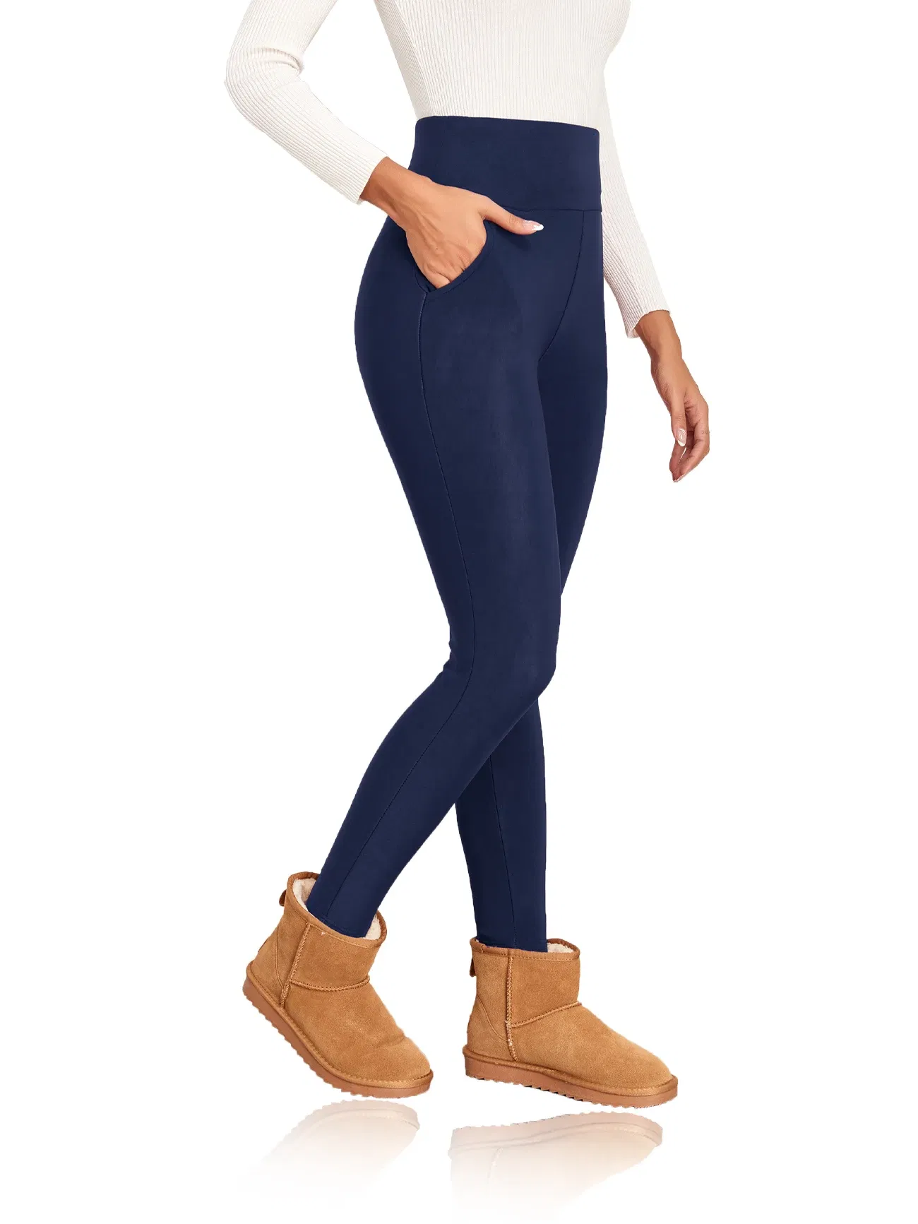 Color: Beige, Size: S - Pockets Thick Winter Warm Leggings Women High Waist Mallas Casual Velvet Warm Leggings Prevent Cold Super Warm Pants