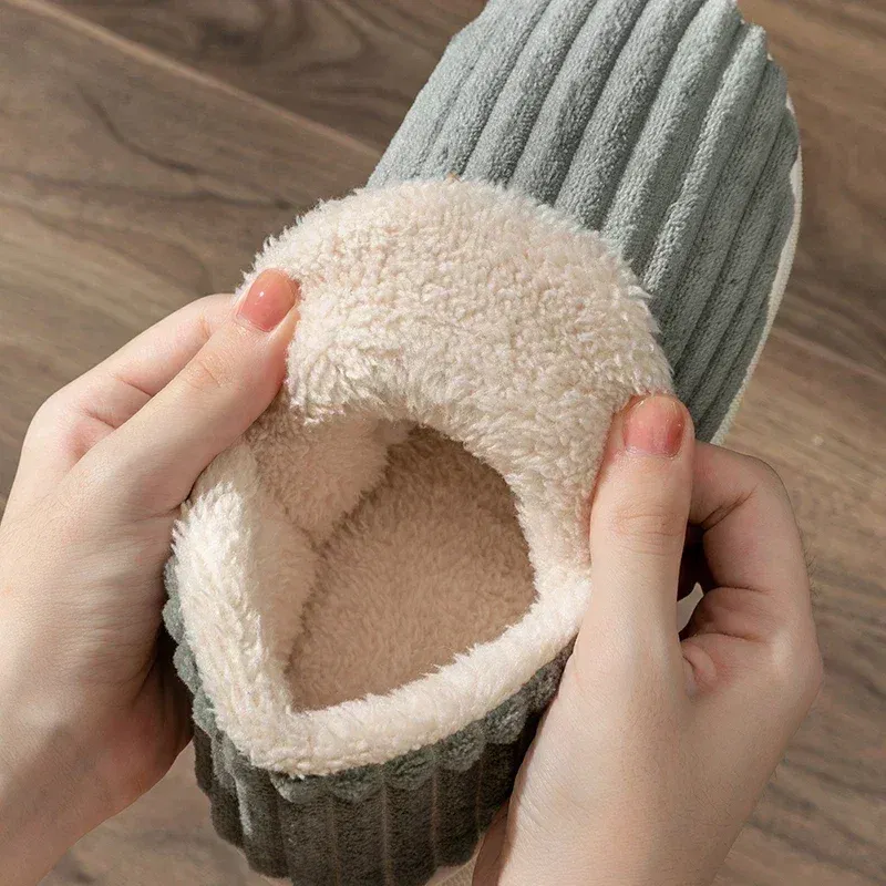 Color: Beige, Shoe Size: 40-41 - Winter Couple Style Concise Solid Color Wrap Heels Plush Slippers Non-slip Warm Flip Flops Women Men Home Casual Cotton Shoes