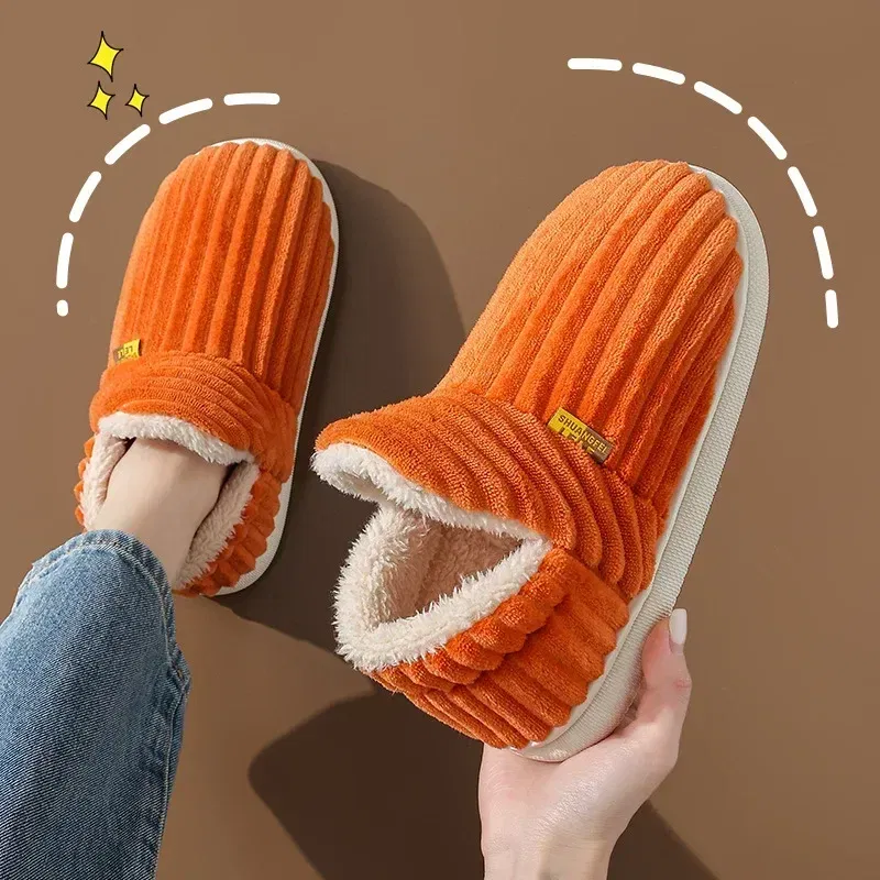 Color: Beige, Shoe Size: 40-41 - Winter Couple Style Concise Solid Color Wrap Heels Plush Slippers Non-slip Warm Flip Flops Women Men Home Casual Cotton Shoes