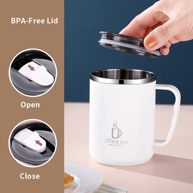 Color: WHITE, Capacity: 401-500ml - 500ml/17oz 304 Stainless Steel Water Bottle Double Layers Coffee Mug Milk Cup With Plastic Lid And Handle