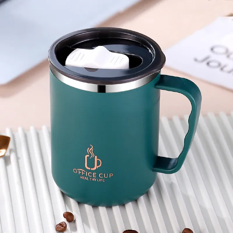 Color: WHITE, Capacity: 401-500ml - 500ml/17oz 304 Stainless Steel Water Bottle Double Layers Coffee Mug Milk Cup With Plastic Lid And Handle