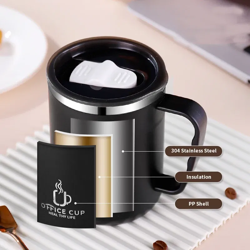 Color: WHITE, Capacity: 401-500ml - 500ml/17oz 304 Stainless Steel Water Bottle Double Layers Coffee Mug Milk Cup With Plastic Lid And Handle