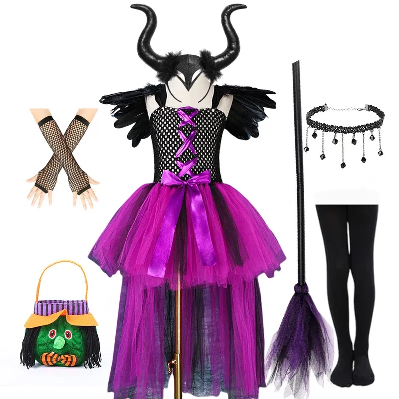 Color: Gold, Kid Size: 4T - Halloween Witch Tutu Dress for Girls Handmade Mesh Bat Wizard Cosplay Costumes with Hat Broom Toddler Evil Party Clothes Set