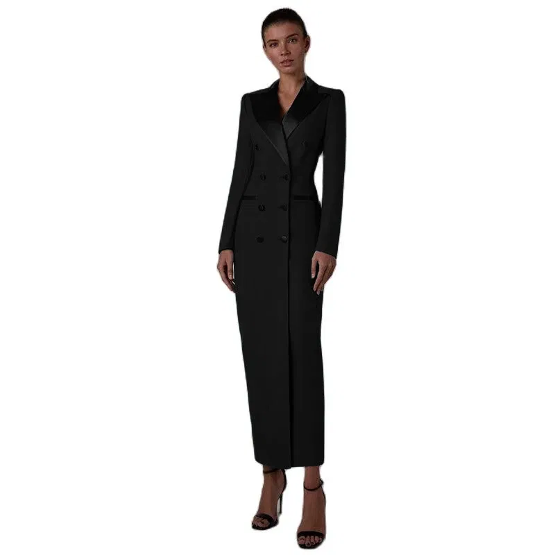 Color: Beige, Size: M - Women's Suit Long Jacket One Piece Blazer Double Breasted Formal Tuxedo Party Dress кос?‚юм ?¶?µнский
